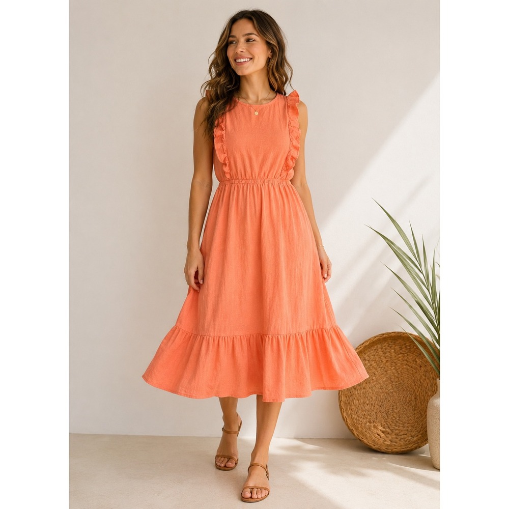 LOFT Coral Orange Ruffle Sleeveless Cotton Midi Dress Large 586546 SP22 Tiered